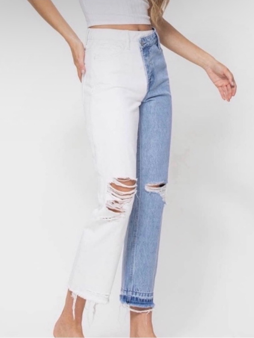 Two-Tone White and Light Blue Cropped Distressed Jeans - Picture 2 of 10